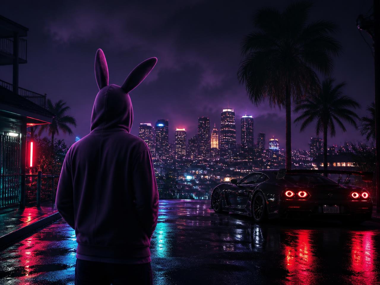Hooded figure with bunny ears overlooking a neon nighttime city street